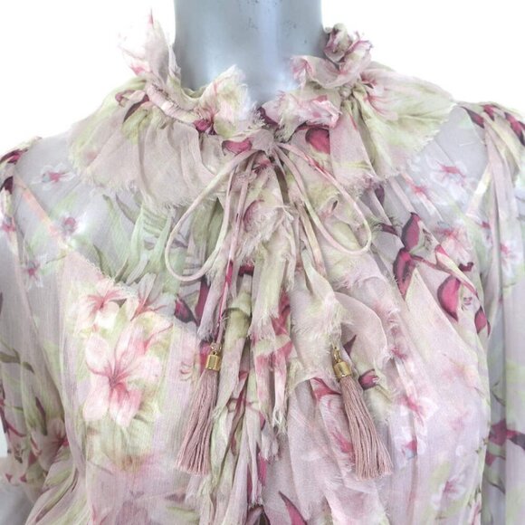 Zimmermann Winsome Tiered Midi Dress Light Pink Floral Crinkled Chiffon Size 1 - Picture 2 of 9